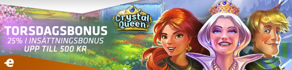 Spelsloten Crystal Queen karaktärer och expekt torsdagerbjudande med 25% upp till 500 kr i bonus